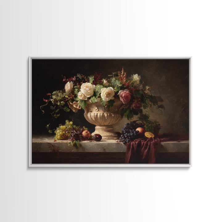 Garden Urn with Roses and Ivy Canvas Print, Traditional Art, Landscape, Living Room Decor, Fine Art, Classic, Textured Painting, TRA-3x2-52