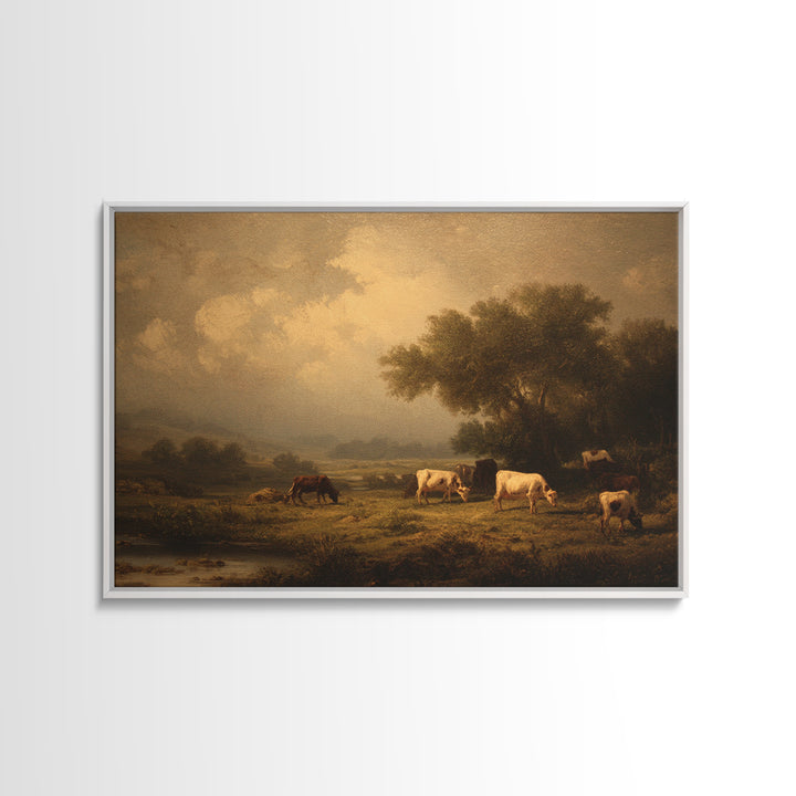Pastoral Countryside with Cows in Field Framed Canvas Print, Traditional Art, Living Room Decor, Oil Painting, Classic, TRA-3x2-59