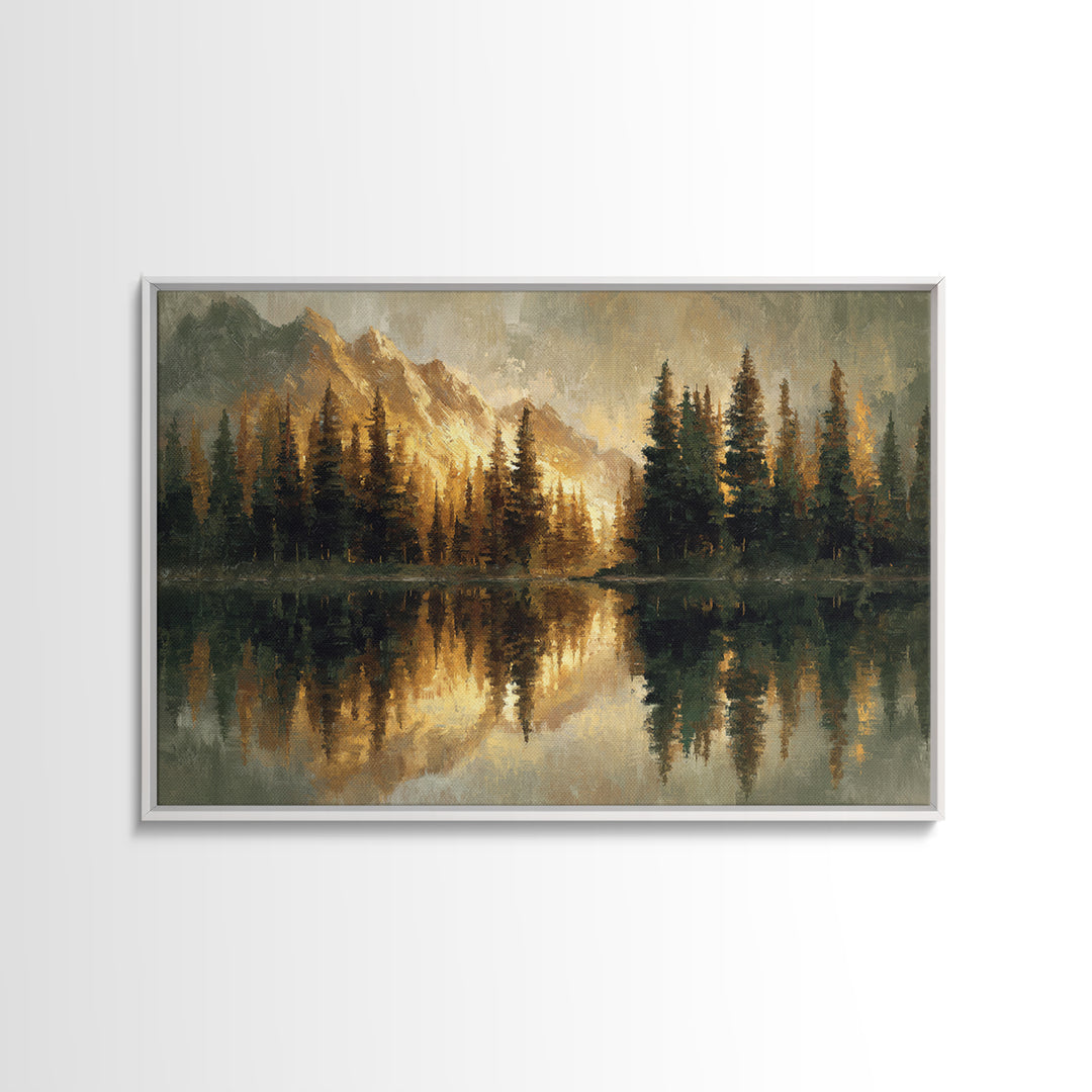 Mountain Lake with Pine Forest Reflection Canvas Print, Traditional Art, Dark Art, Living Room Decor, Fine Art, Classic, TRA-3x2-61
