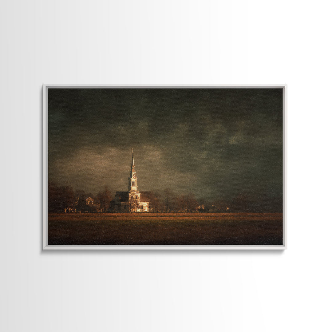 Church Steeple Across Rural Meadow Framed Canvas Print, Traditional Art, Pokemon Poster, Living Room Decor, Watercolor Art, TRA-3x2-65