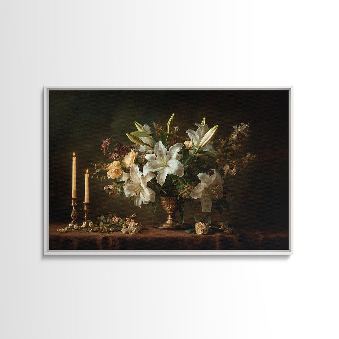 White Lilies on Dark Background Canvas Print, Traditional Art, Canvas, Living Room Decor, Watercolor Art, Classic, Furry Art, TRA-3x2-67
