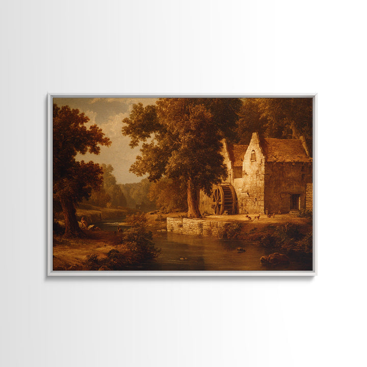 Watermill Beside a Quiet Stream Framed Canvas Print, Traditional Art, Gallery Decor, Living Room Decor, Fine Art, Classic, TRA-3x2-69