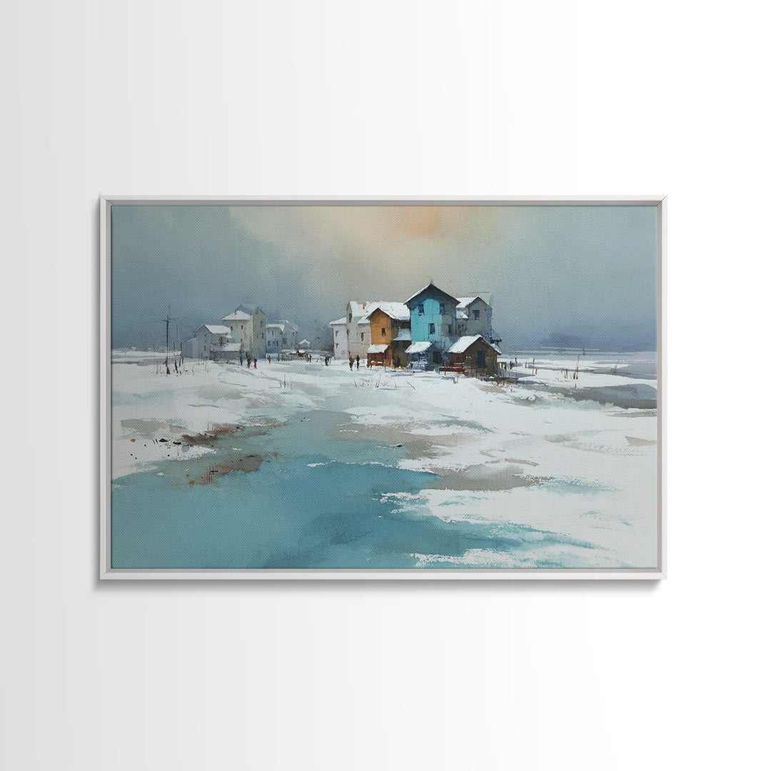 Snowy Village Landscape at Twilight Framed Canvas Print, Traditional Art, Pokemon Poster, Living Room Decor, Watercolor Art, TRA-3x2-71