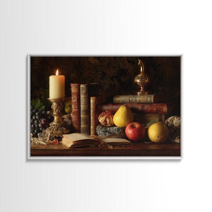 Still Life of Books Candle and Fruit Canvas Print, Traditional Art, Contemporary Art, Living Room Decor, Fine Art, Classic, TRA-3x2-72