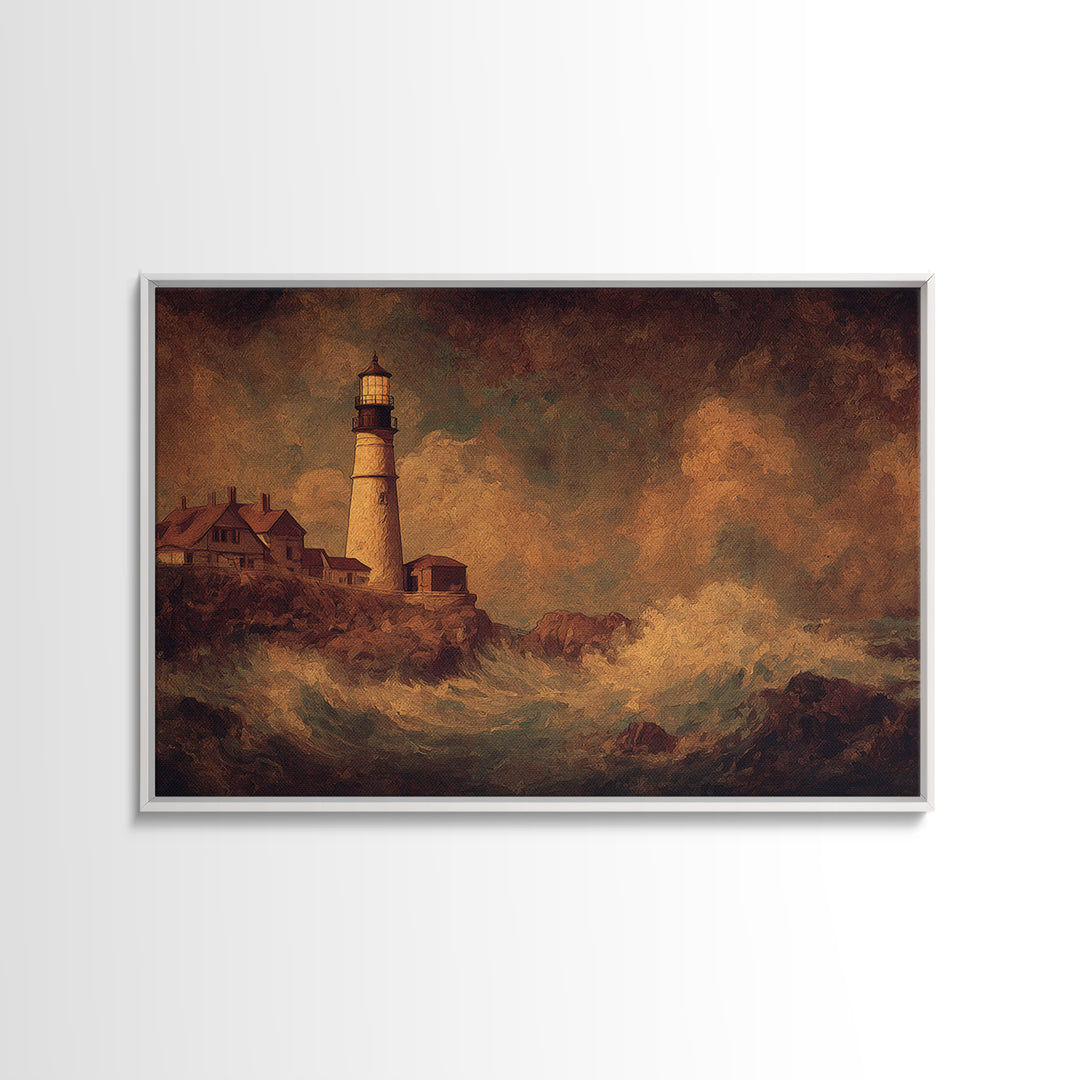 Lighthouse with Crashing Waves Canvas Print, Traditional Art, Neutral Decor, Living Room Decor, Fine Art, Classic, Home Decor, TRA-3x2-73