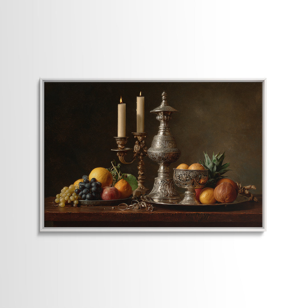 Dutch Fruit and Silver Goblet Still Life Framed Canvas Print, Traditional Art, Furry Art, Living Room Decor, Oil Painting, TRA-3x2-8