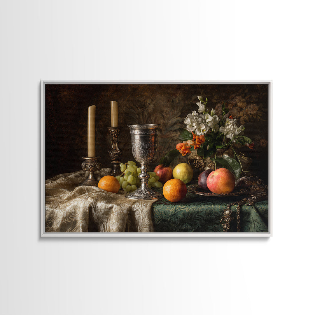 Dutch Fruit and Silver Goblet Still Life Framed Canvas Print, Traditional Art, Living Room Decor, Watercolor Art, Classic, TRA-3x2-80