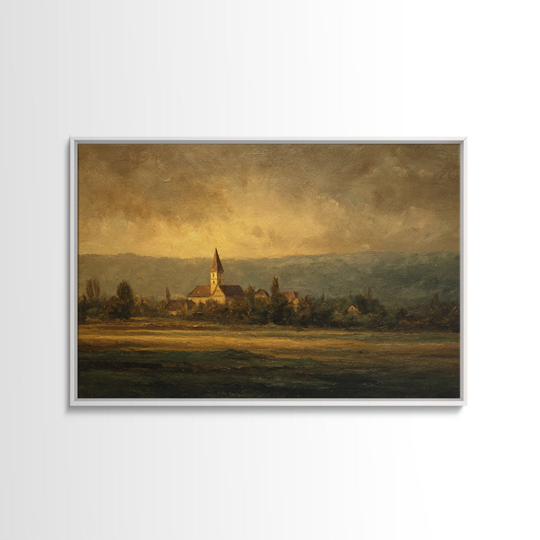 Church Steeple Across Rural Meadow Canvas Print, Traditional Art, Boho Decor, Living Room Decor, Fine Art, Classic, Painting, TRA-3x2-89