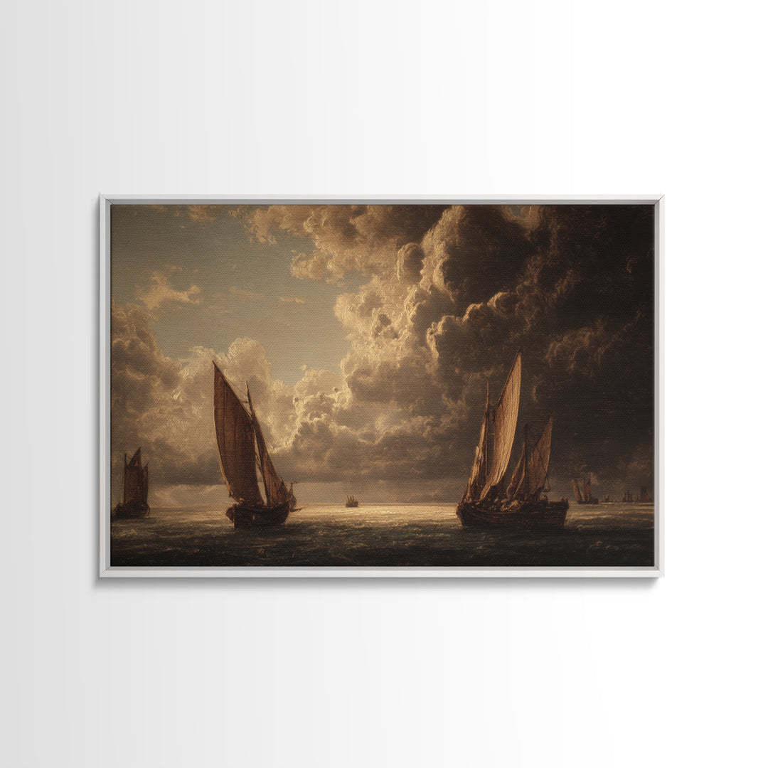 Seascape with Sailboats and Cloudy Sky Framed Canvas Print, Traditional Art, Watercolor Art, Living Room Decor, Classic, TRA-3x2-9
