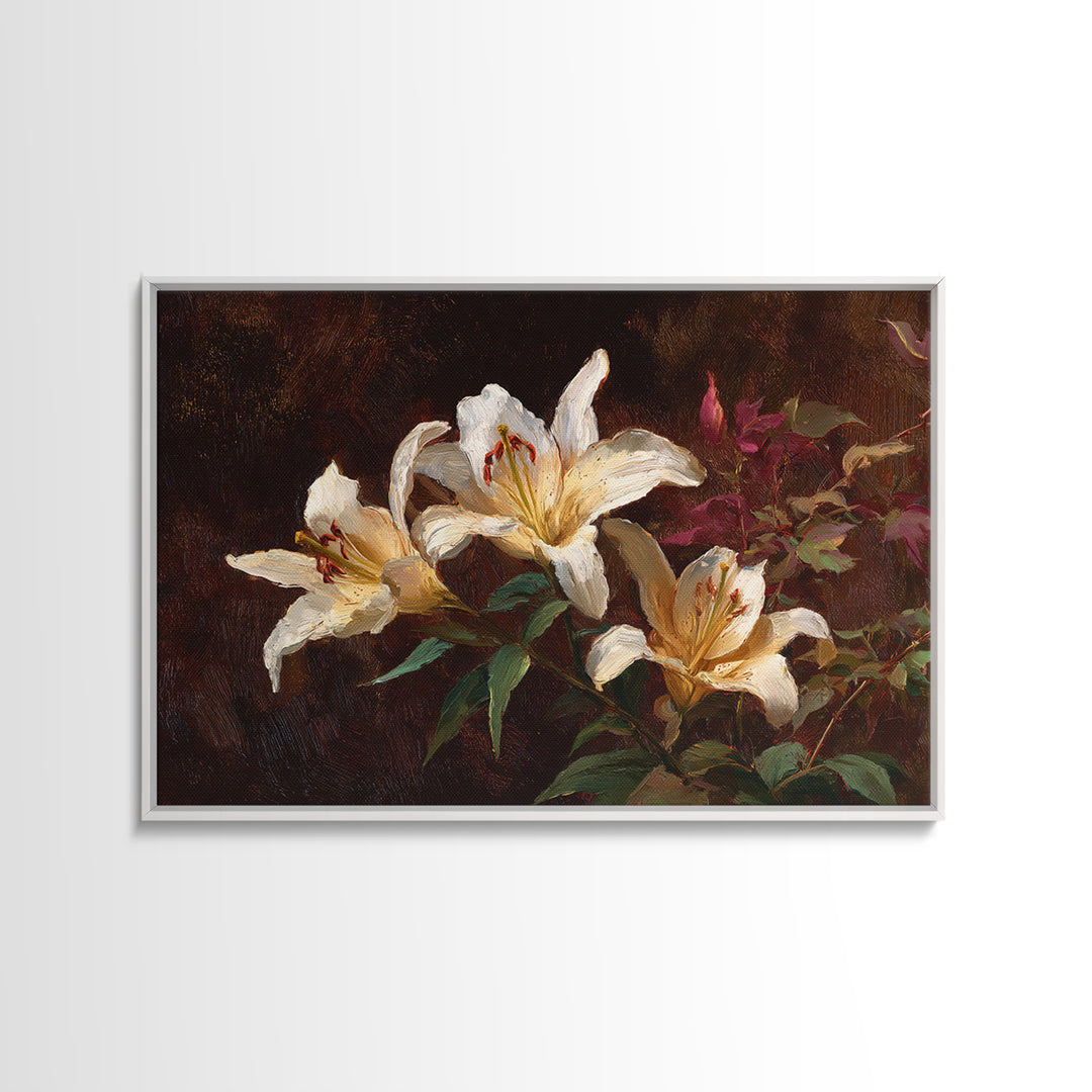 White Lilies on Dark Background Framed Canvas Print, Traditional Art, Digital Print, Living Room Decor, Oil Painting, Classic, TRA-3x2-91