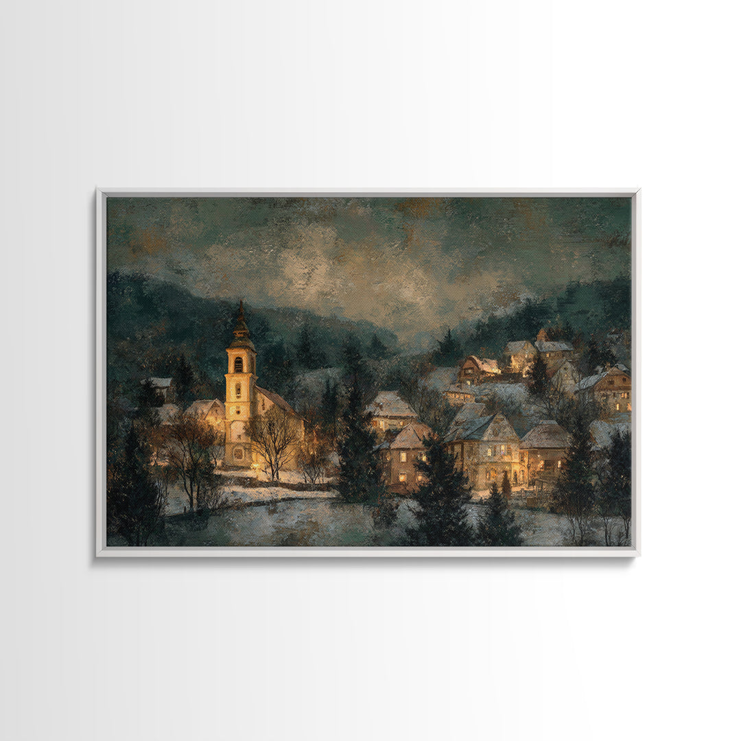 Snowy Village Landscape at Twilight Framed Canvas Print, Traditional Art, Art Commission, Living Room Decor, Fine Art, Classic, TRA-3x2-95