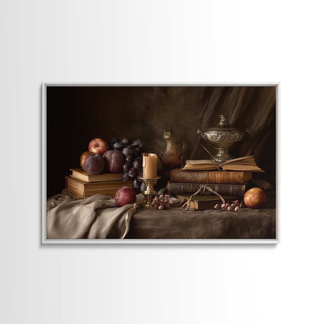 Still Life of Books Candle and Fruit Framed Canvas Print, Traditional Art, Painting, Living Room Decor, Fine Art, Classic, TRA-3x2-96