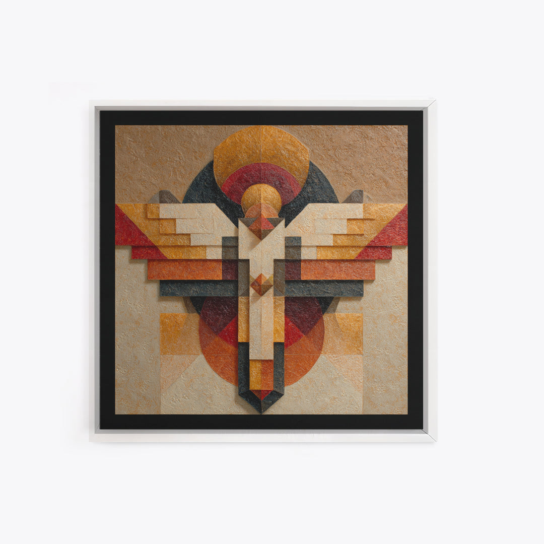 Eagle Totem with Feathers and Geometric Shapes Framed Canvas Print, Tribal Art, Tribal Design, Living Room Decor, Tribal, TRI-1x1-84