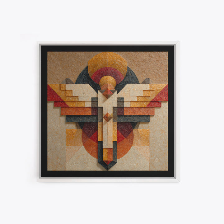 Eagle Totem with Feathers and Geometric Shapes Framed Canvas Print, Tribal Art, Tribal Design, Living Room Decor, Tribal, TRI-1x1-84