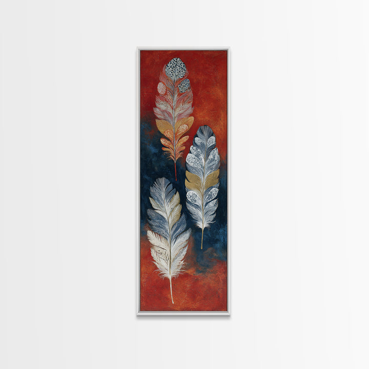 Feather Arrangement with Red Ochre Background Canvas Print, Tribal Art, Neutral Decor, Living Room Decor, Oil Painting, Tribal, TRI-1x3-55