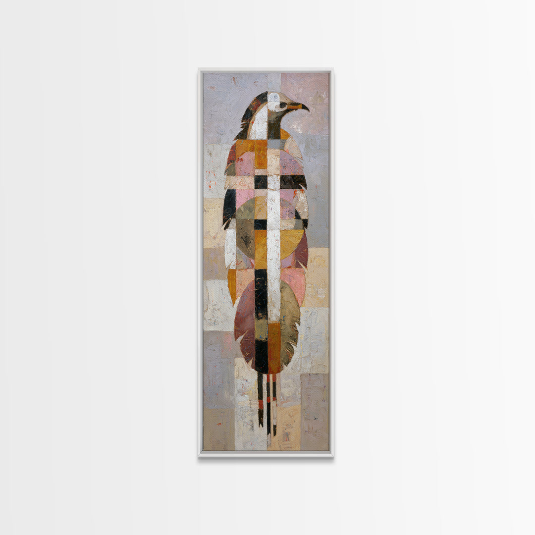 Eagle Totem with Feathers and Geometric Shapes Framed Canvas Print, Tribal Art, Statement Artwork, Living Room Decor, Tribal, TRI-1x3-96