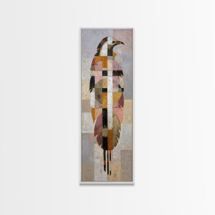 Eagle Totem with Feathers and Geometric Shapes Framed Canvas Print, Tribal Art, Statement Artwork, Living Room Decor, Tribal, TRI-1x3-96