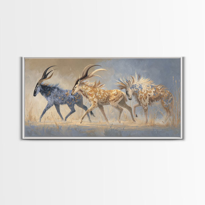 Ancient Cave Art Running Animals Framed Canvas Print, Tribal Art, Gallery Wall Art, Living Room Decor, Watercolor Art, Tribal, TRI-2x1-5
