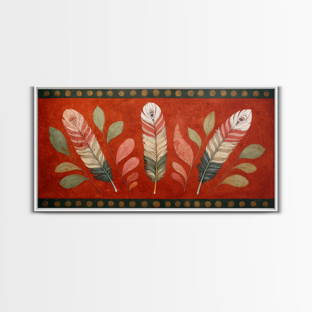 Feather Arrangement with Red Ochre Background Canvas Print, Tribal Art, Black and White Art, Living Room Decor, Tribal, TRI-2x1-63