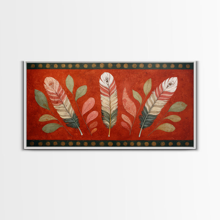 Feather Arrangement with Red Ochre Background Canvas Print, Tribal Art, Black and White Art, Living Room Decor, Tribal, TRI-2x1-63