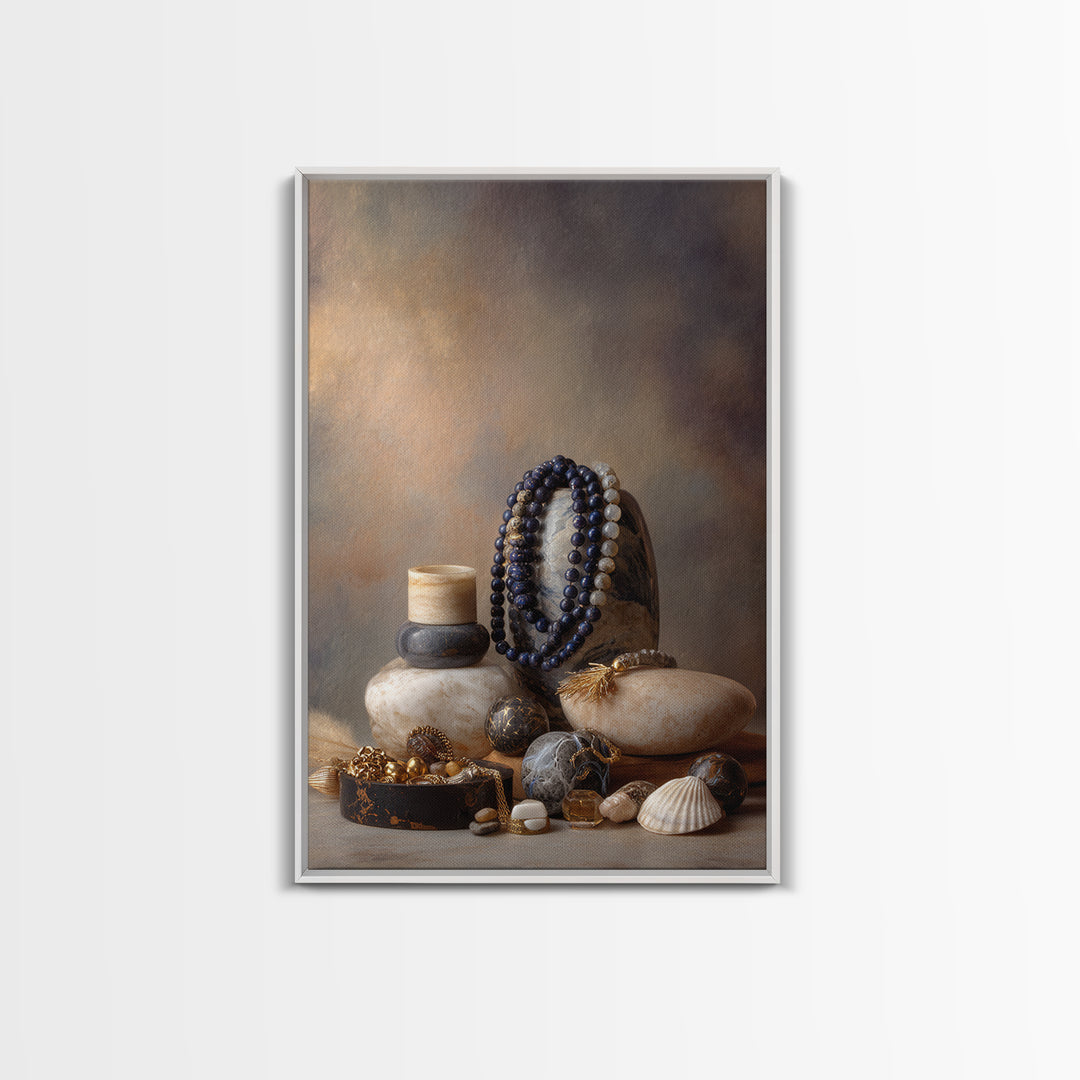 Beaded Jewelry Still Life Framed Canvas Print, Tribal Art, Abstract Art, Living Room Decor, Watercolor Art, Tribal, TRI-2x3-18