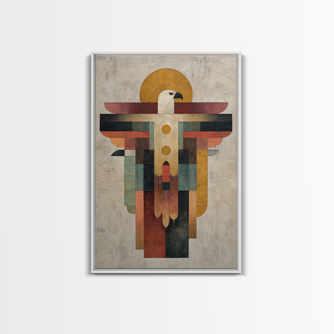 Eagle Totem with Feathers and Geometric Shapes Framed Canvas Print, Tribal Art, Living Room Decor, Abstract Art, Tribal, TRI-2x3-44