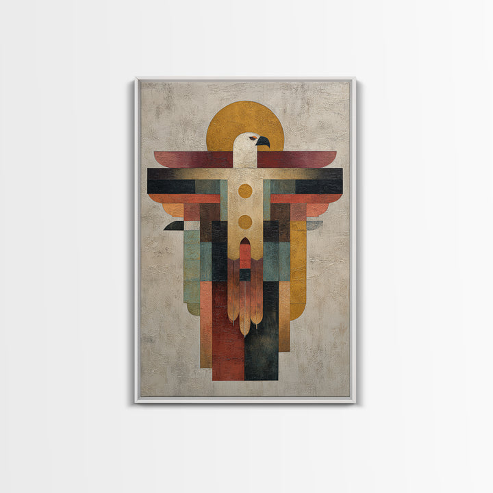 Eagle Totem with Feathers and Geometric Shapes Framed Canvas Print, Tribal Art, Living Room Decor, Abstract Art, Tribal, TRI-2x3-44