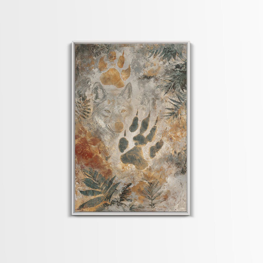 Handprint and Animal Track Composition Framed Canvas Print, Tribal Art, Earthy, Living Room Decor, Fine Art, Tribal, TRI-2x3-73