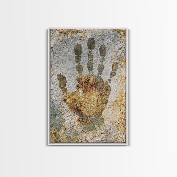 Handprint and Animal Track Composition Framed Canvas Print, Tribal Art, Earthy, Living Room Decor, Fine Art, Tribal, TRI-2x3-97