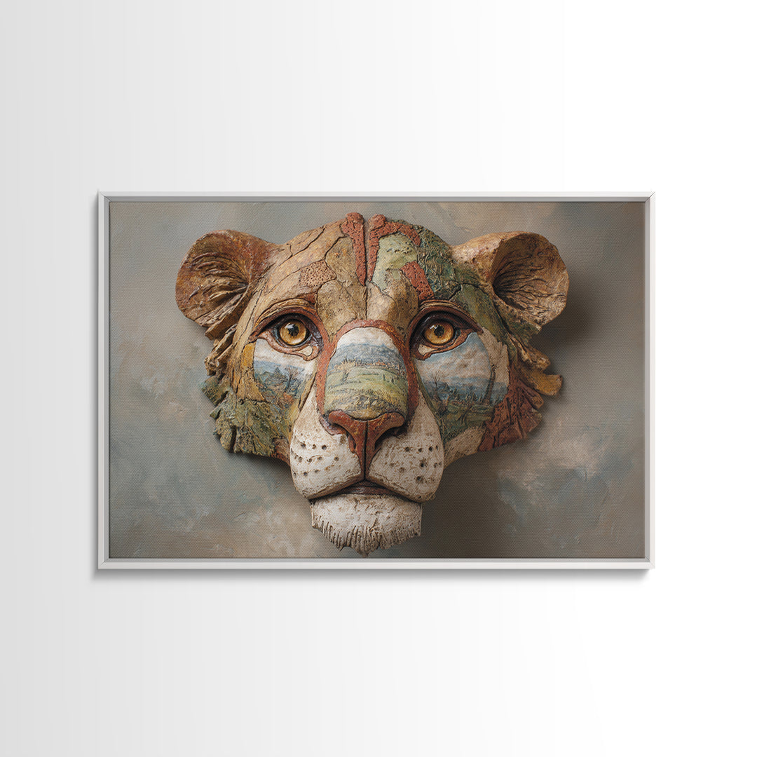 Lion Mask Abstraction Canvas Print, Tribal Art, Textured Painting, Living Room Decor, Abstract Art, Tribal, Unique Wall Art, TRI-3x2-44