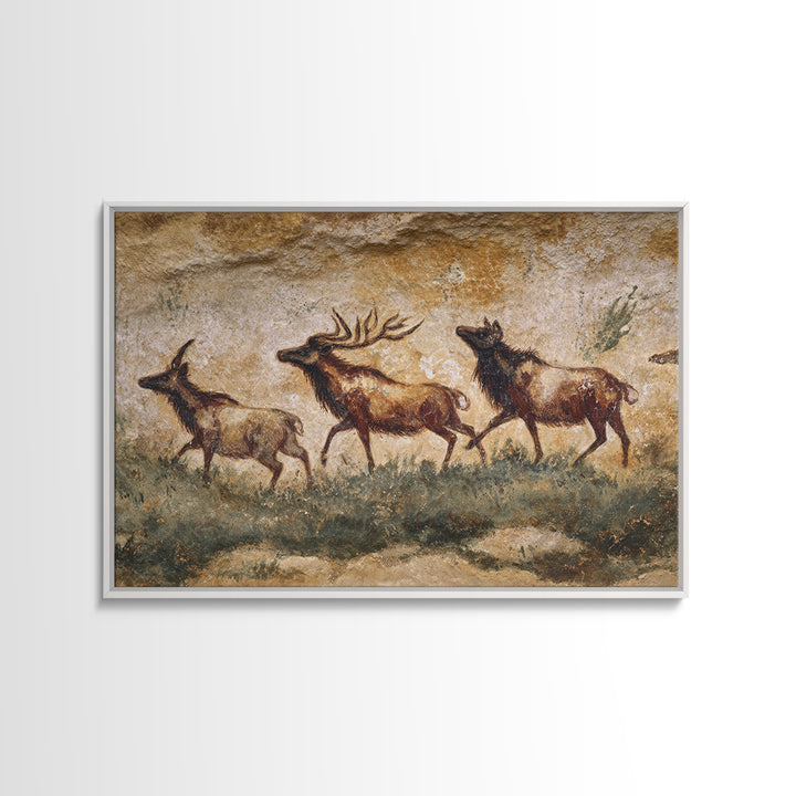 Ancient Cave Art Running Animals Framed Canvas Print, Tribal Art, Wall Art, Living Room Decor, Tribal, Abstract Painting, TRI-3x2-85