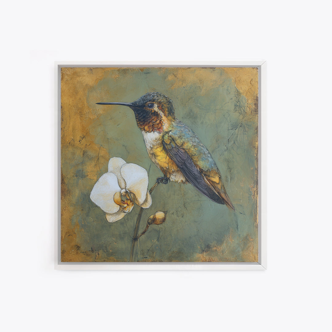 Orchid and Hummingbird Composition Canvas Print, Tropical Art, Trendy Wall Art, Living Room Decor, Tropic, Luxury Decor, TRO-1x1-10
