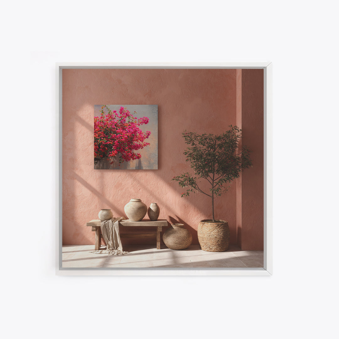 Pink Bougainvillea over White Wall Framed Canvas Print, Tropical Art, Bird Art, Living Room Decor, Watercolor Art, Tropic, TRO-1x1-16