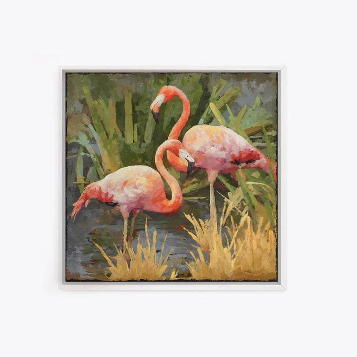 Pink Flamingos Among Tropical Water Plants Framed Canvas Print, Tropical Art, Beach Wall Art, Living Room Decor, Tropic, TRO-1x1-2
