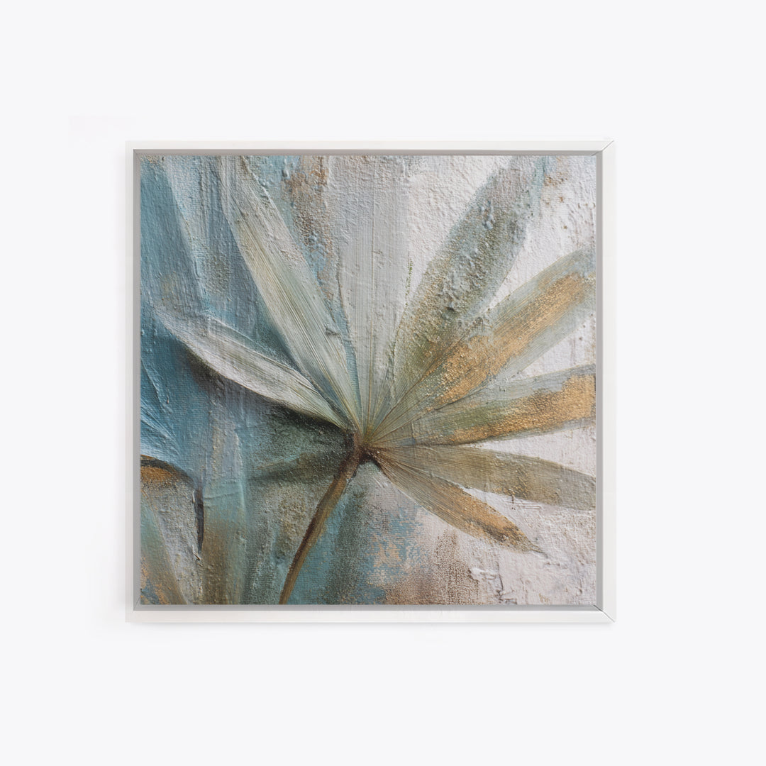 Rain Soaked Palm Leaf Closeup Framed Canvas Print, Tropical Art, Neutral Decor, Living Room Decor, Oil Painting, Tropic, TRO-1x1-21