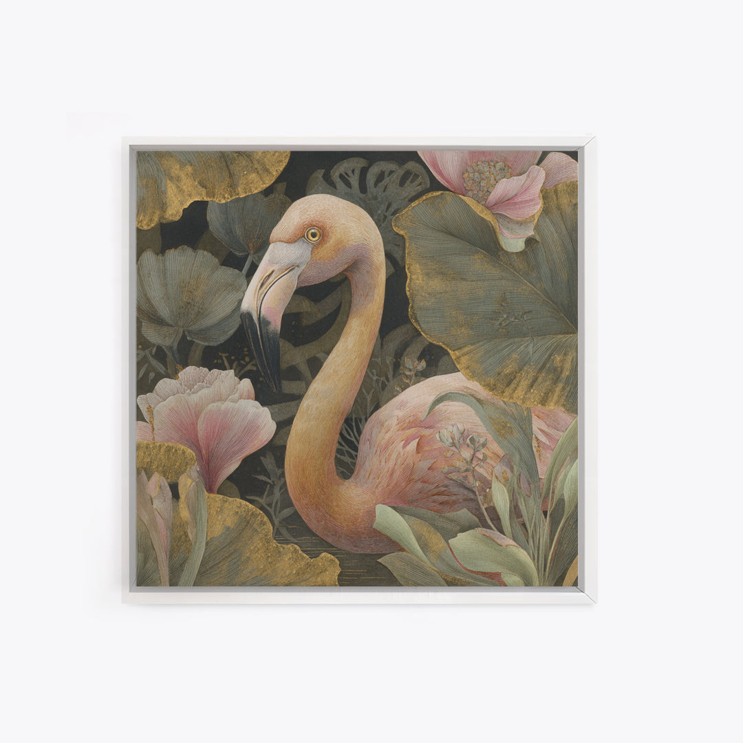 Pink Flamingos Among Tropical Water Plants Canvas Print, Tropical Art, Whimsical Art, Living Room Decor, Fine Art, Tropic, TRO-1x1-26