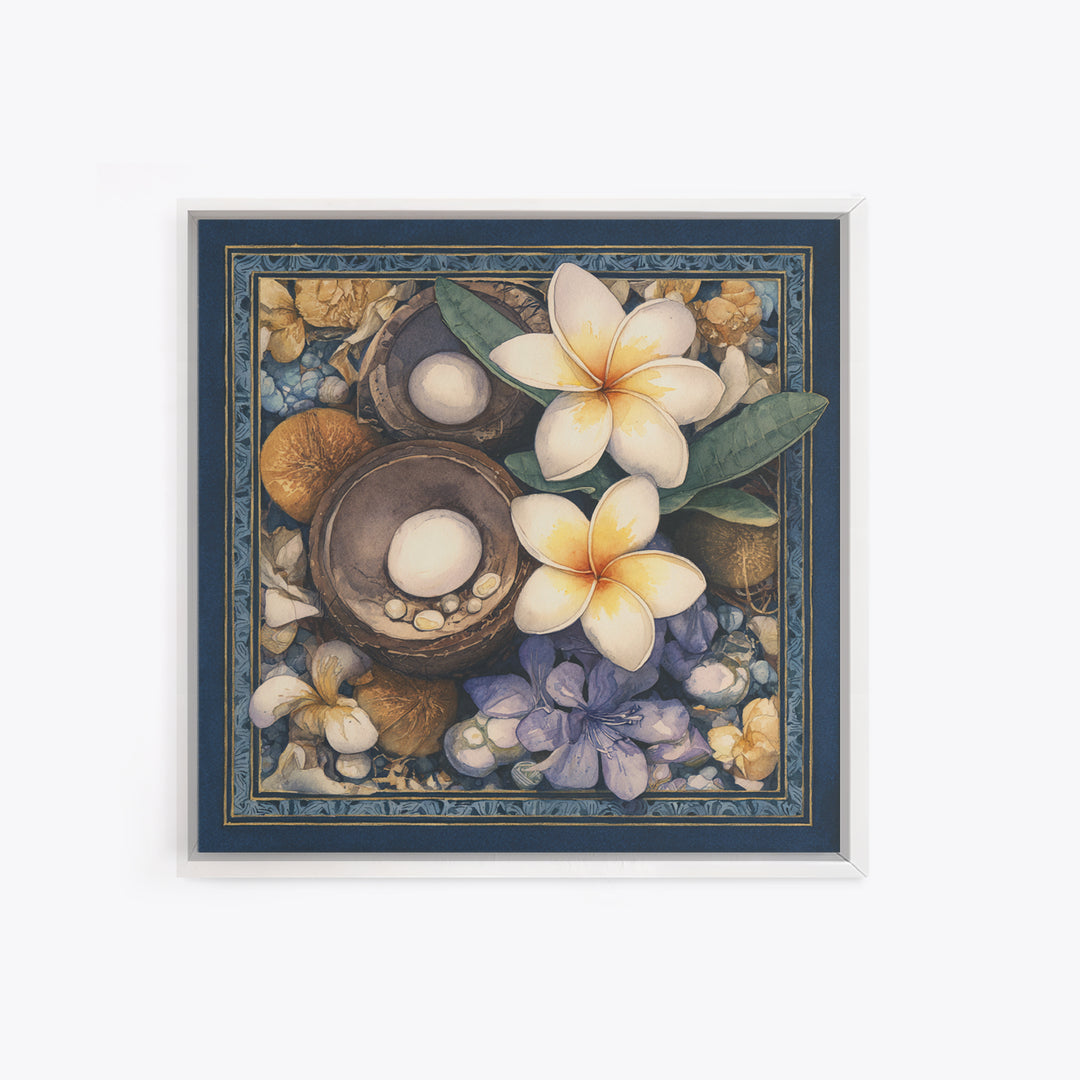 Coconut and Plumeria Still Life Canvas Print, Tropical Art, Printable Wall Art, Living Room Decor, Watercolor Art, Tropic, TRO-1x1-36