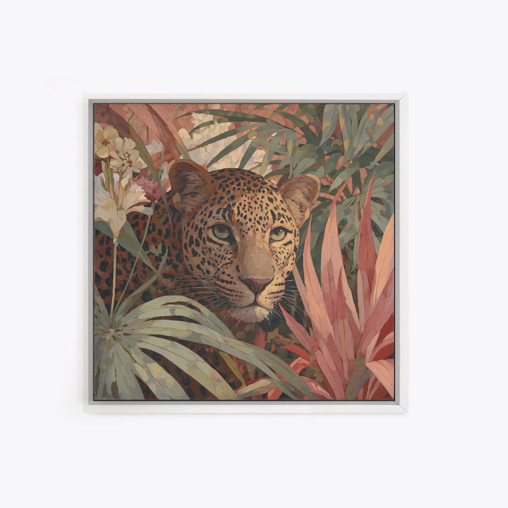 Leopard Hidden Among Palm Leaves Framed Canvas Print, Tropical Art, Gallery Decor, Living Room Decor, Fine Art, Tropic, TRO-1x1-38