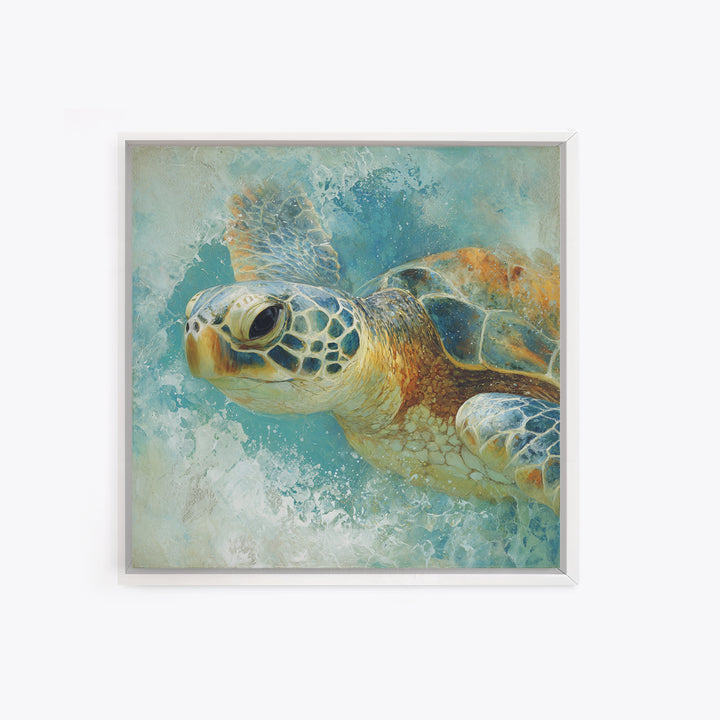 Sea Turtle Near Tropical Reef Framed Canvas Print, Tropical Art, Beach Decor, Living Room Decor, Oil Painting, Tropic, TRO-1x1-43