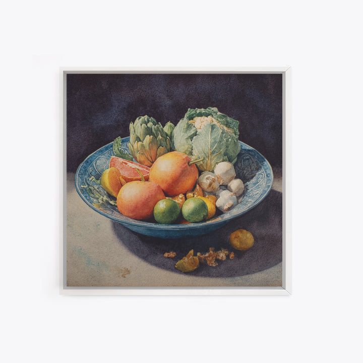 Bright Papaya and Lime Still Life Framed Canvas Print, Tropical Art, Decor, Living Room Decor, Fine Art, Tropic, Bird Art, TRO-1x1-48