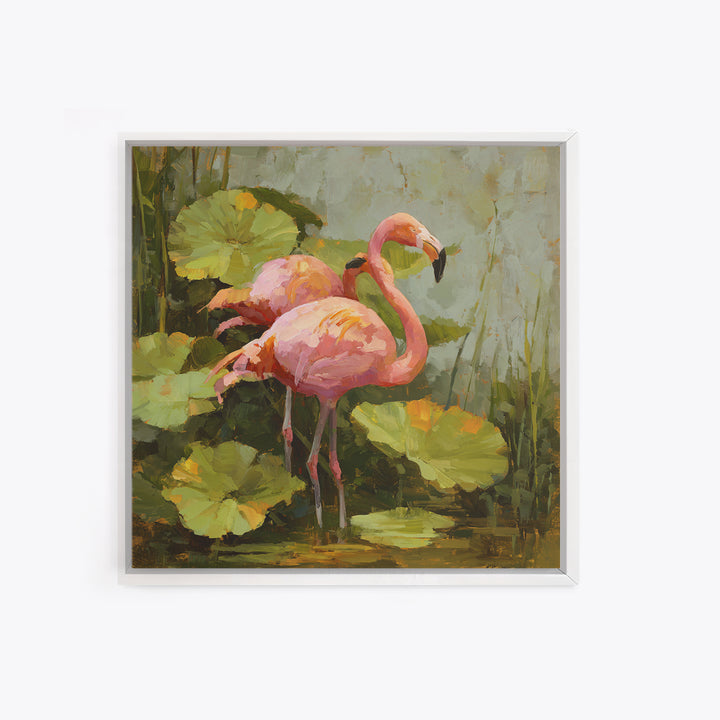 Pink Flamingos Among Tropical Water Plants Canvas Print, Tropical Art, Whimsical Art, Living Room Decor, Fine Art, Tropic, TRO-1x1-50
