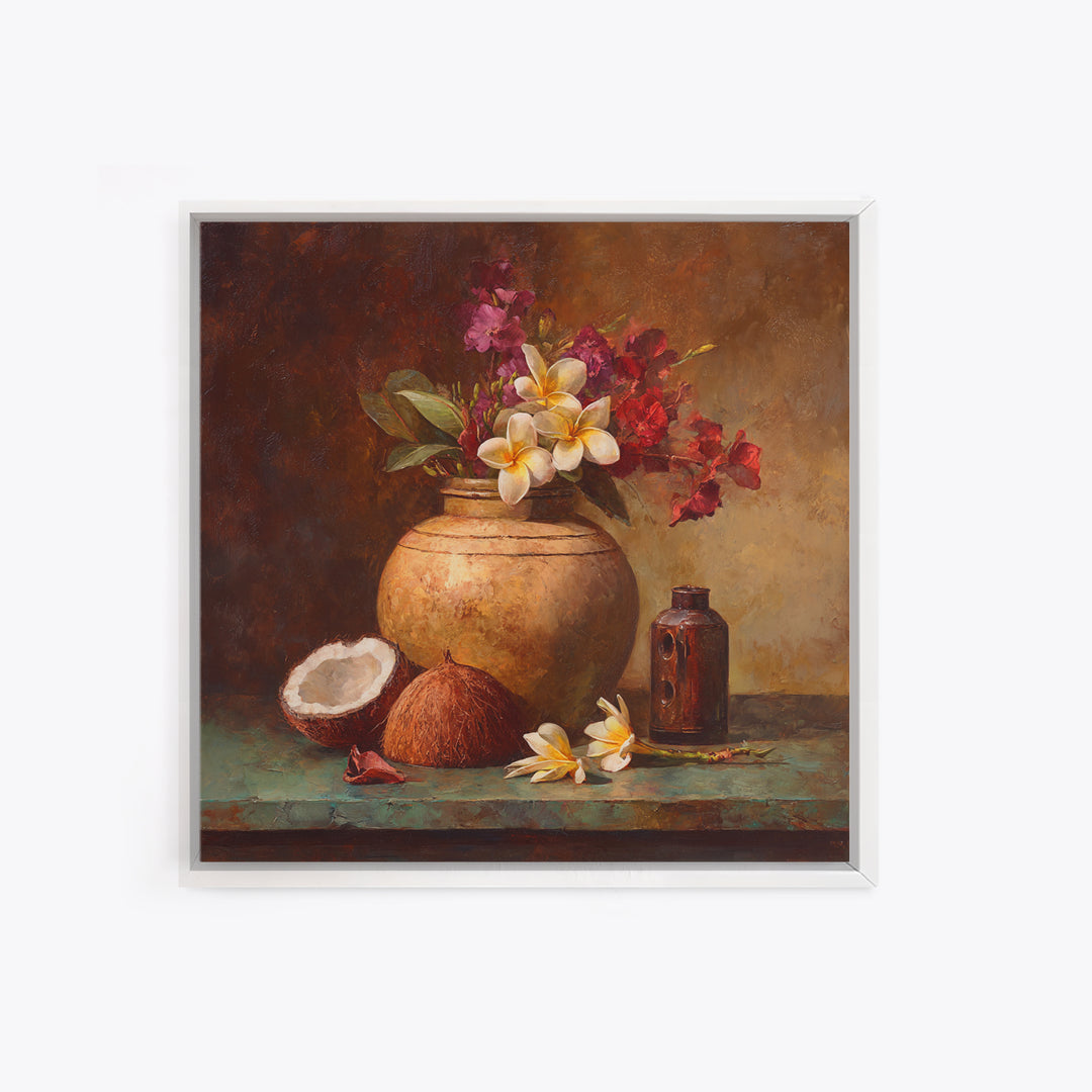 Coconut and Plumeria Still Life Canvas Print, Tropical Art, Coastal Decor, Living Room Decor, Fine Art, Tropic, Modern Decor, TRO-1x1-60