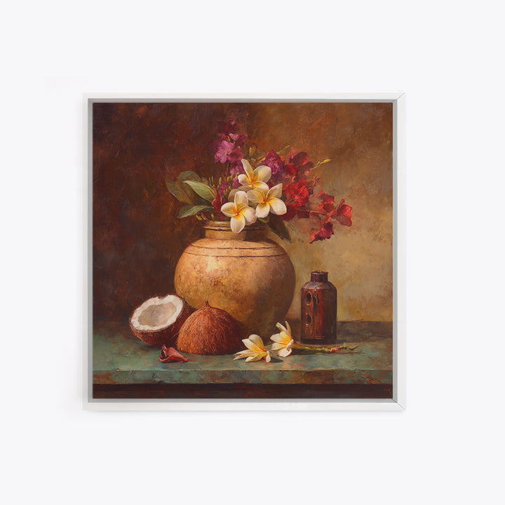 Coconut and Plumeria Still Life Canvas Print, Tropical Art, Coastal Decor, Living Room Decor, Fine Art, Tropic, Modern Decor, TRO-1x1-60