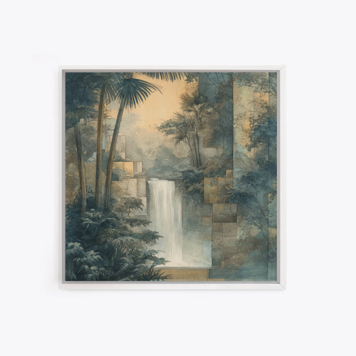 Jungle Waterfall with Misty Light Framed Canvas Print, Tropical Art, Boho Decor, Living Room Decor, Oil Painting, Tropic, TRO-1x1-61