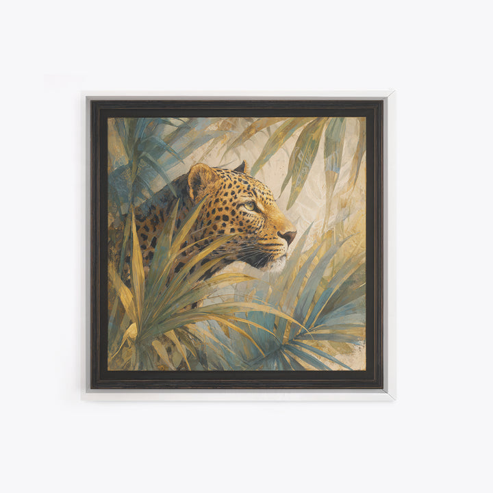 Leopard Hidden Among Palm Leaves Framed Canvas Print, Tropical Art, Gallery Decor, Living Room Decor, Fine Art, Tropic, TRO-1x1-62
