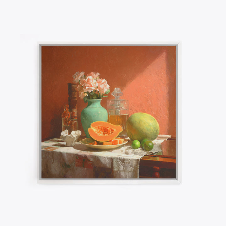 Bright Papaya and Lime Still Life Framed Canvas Print, Tropical Art, Beach Print, Living Room Decor, Abstract Art, Tropic, TRO-1x1-72