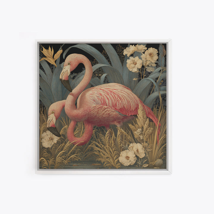 Pink Flamingos Among Tropical Water Plants Framed Canvas Print, Tropical Art, Fine Art Print, Living Room Decor, Tropic, TRO-1x1-74