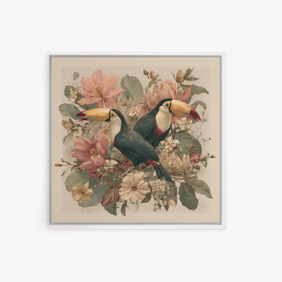 Toucans Surrounded by Bright Jungle Flowers Canvas Print, Tropical Art, Statement Artwork, Living Room Decor, Fine Art, Tropic, TRO-1x1-75