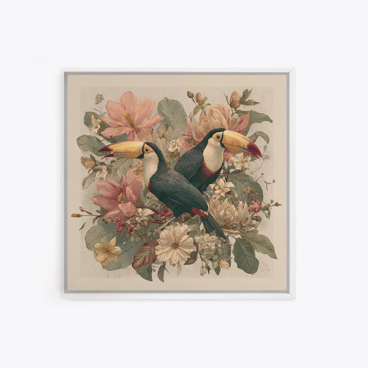 Toucans Surrounded by Bright Jungle Flowers Canvas Print, Tropical Art, Statement Artwork, Living Room Decor, Fine Art, Tropic, TRO-1x1-75
