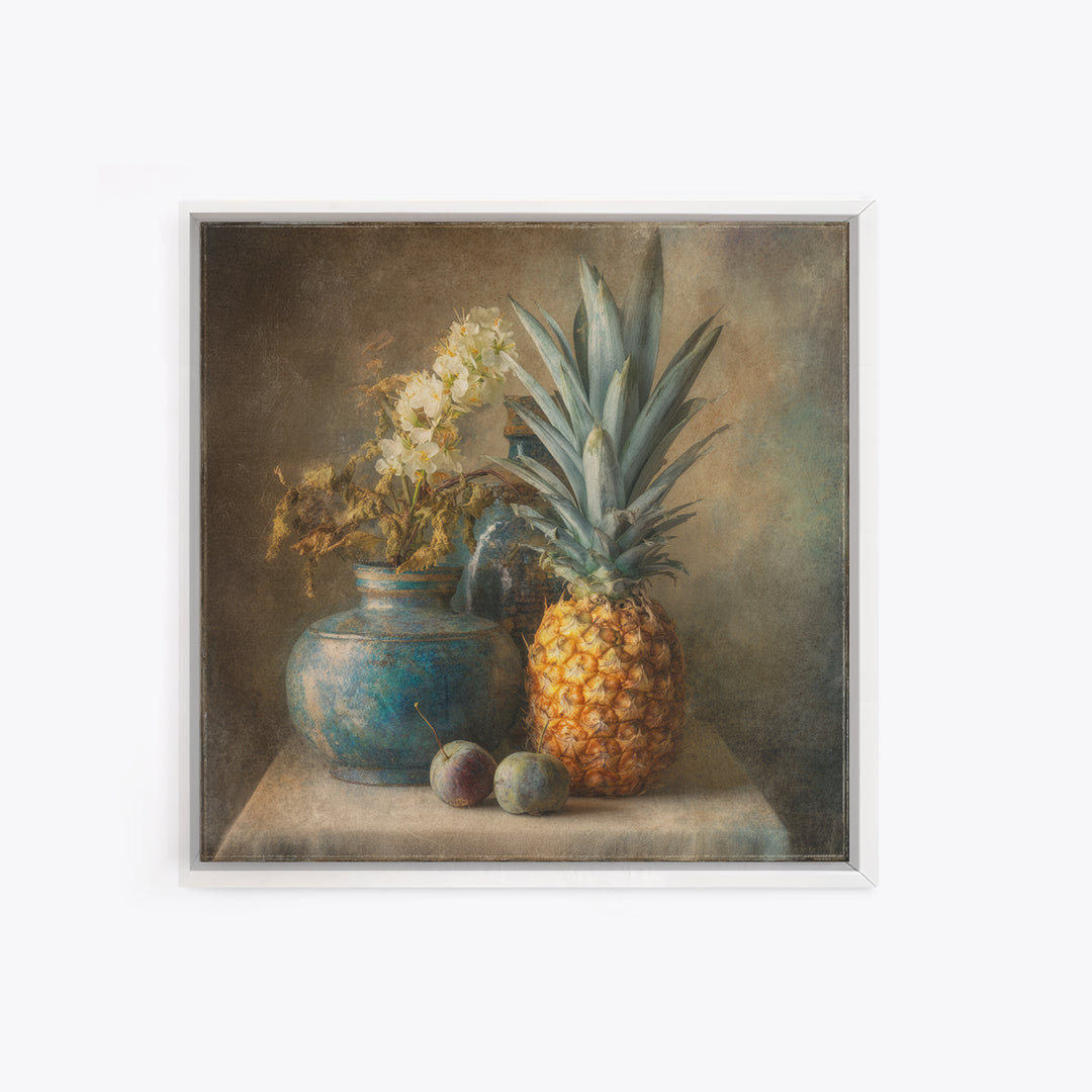 Pineapple and Palm Still Life Framed Canvas Print, Tropical Art, Statement Artwork, Living Room Decor, Fine Art, Tropic, TRO-1x1-78